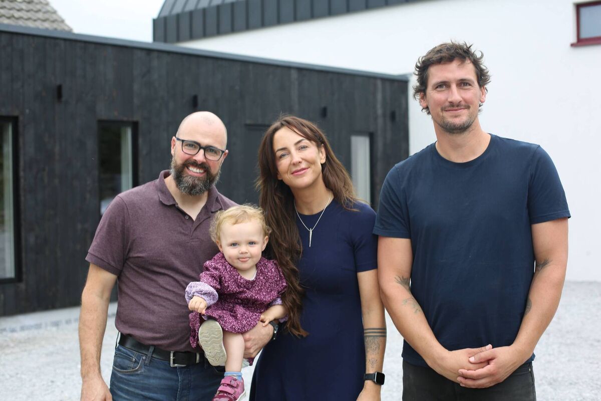 Harrison Gardner with homeowners Aoife NicChraith and Louis Brennan and their daughter Caoime on RTÉ's Build Your Own Home.