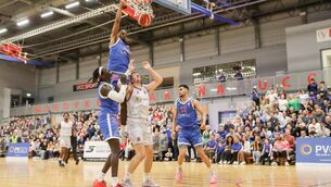 <p>HIGH AND MIGHTY: Demons' Shariff Black dunks the ball at the Mardyke Arena on Friday night. Picture: David Creedon</p>