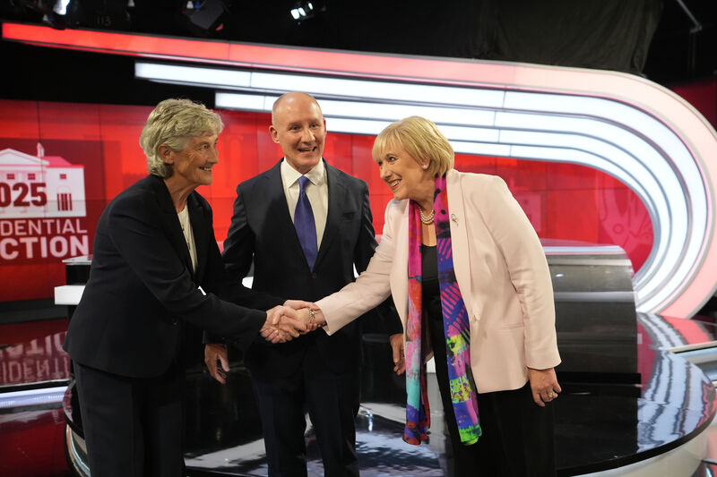 Jim Gavin at the presidential debate on Virgin last week with independent candidate Catherine Connolly, and Fine Gael candidate Heather Humphreys.