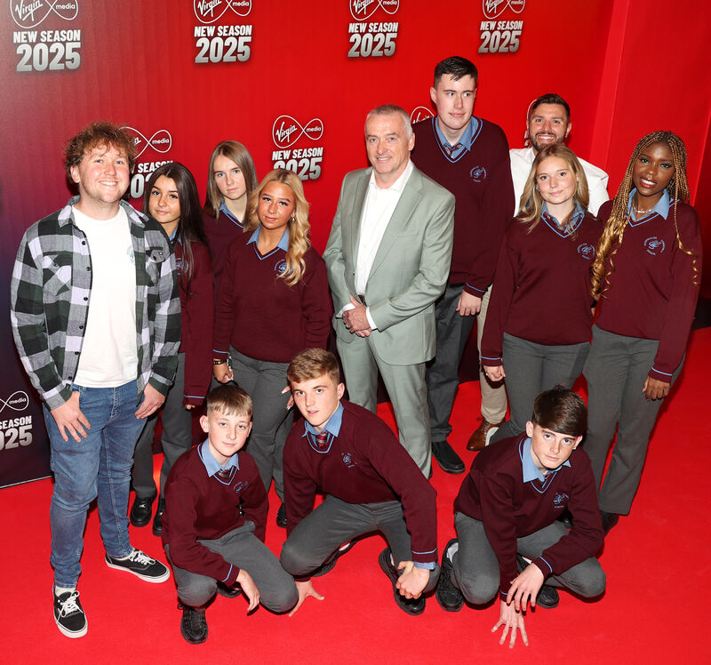  Principal Paul Burke with teachers and students of Carrigaline Community School, Cork who appear in the four-part series 'A Rebel Education' pictured on the red carpet at the Virgin Media Television new season schedule launch at the Stella Rathmines, Dublin. Picture Brian McEvoy