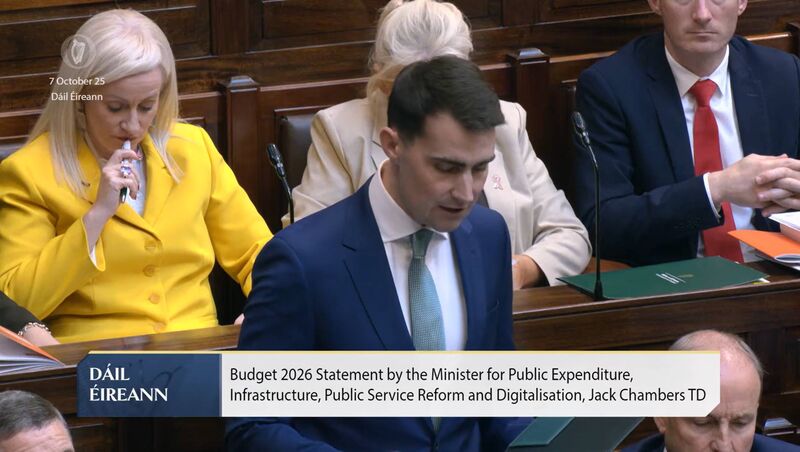 Jack Chambers delivering his Budget 2026 statement in the Dáil chamber. Picture: OireachtasTV