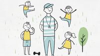 Illustration of a coach with children exercising outdoors