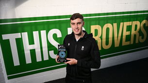 <p>STRIVING FOR MORE: Shamrock Rovers Matt Healy with his SSE Airtricity / SWI Player of the Month Award for September 2025. Picture: David Fitzgerald/Sportsfile</p>