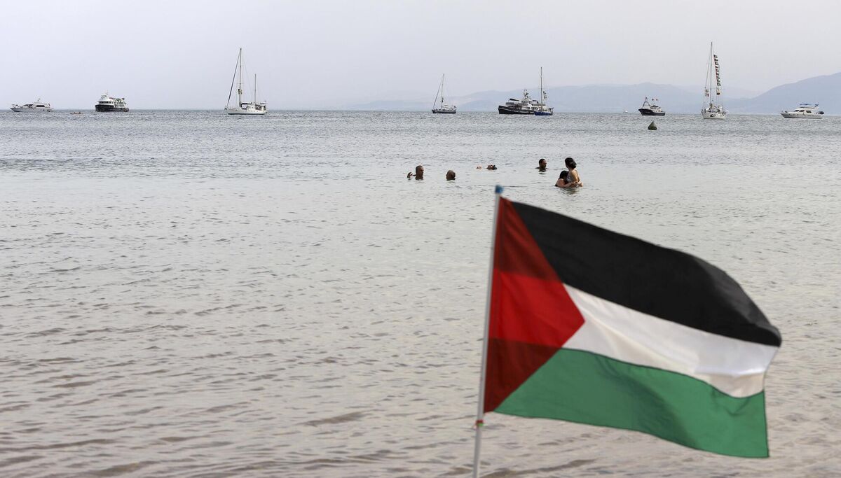 Ships that are part of the Global Sumud Flotilla heading to Gaza are anchored off the coast of of Sidi Bou Saïd in Tunis, Tunisia, Tuesday, Sept. 9, 2025. (AP Photo/Anis Mili)