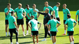 <p>CIRCLE OF TRUST: Ireland head coach Heimir Hallgrimsson during a training session at Estadio Jose Alvalade in Lisbon ahead of tonight’s World Cup qualifier with Portugal. Picture: Ryan Byrne/Inpho</p>