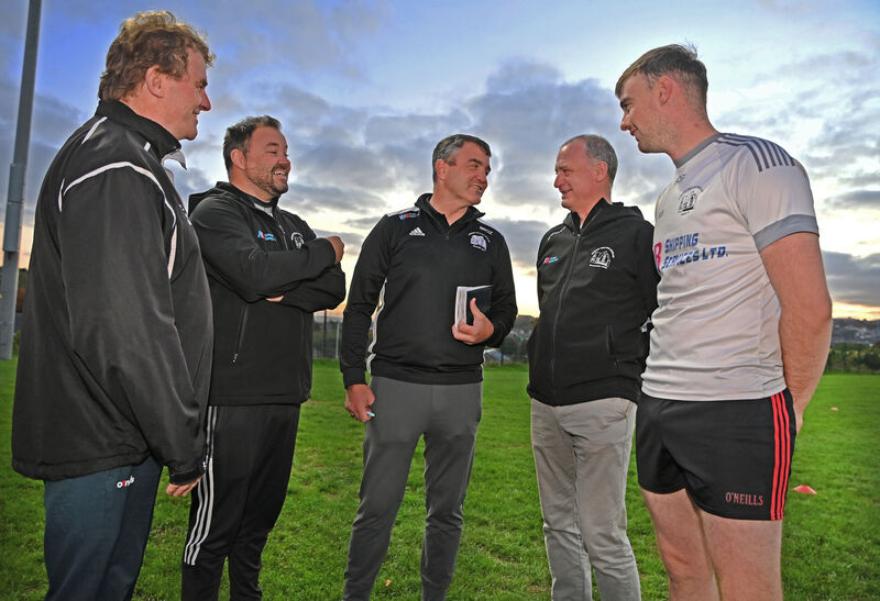 BLACKPOOL ILLUMINATION: St Nick's selector Diarmuid O'Driscoll; coach, Eoin O'Sullivan; manager, Robert Brosnan; chairman, Kevin Wall; and Ruairi Byrne at training before playing Cobh in the Cork JFC semi-final. Picture: Eddie O'Hare