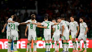 <p>Republic of Ireland players huddle before the FIFA World Cup 2026 Group F qualifying match between Portugal and Republic of Ireland at Estádio José Alvalade in Lisbon, Portugal. Photo by Stephen McCarthy/Sportsfile</p>