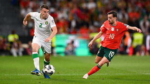 <p>FINE WINE: Seamus Coleman of Republic of Ireland in action against Bernardo Silva of Portugal. Pic: Stephen McCarthy/Sportsfile</p>
