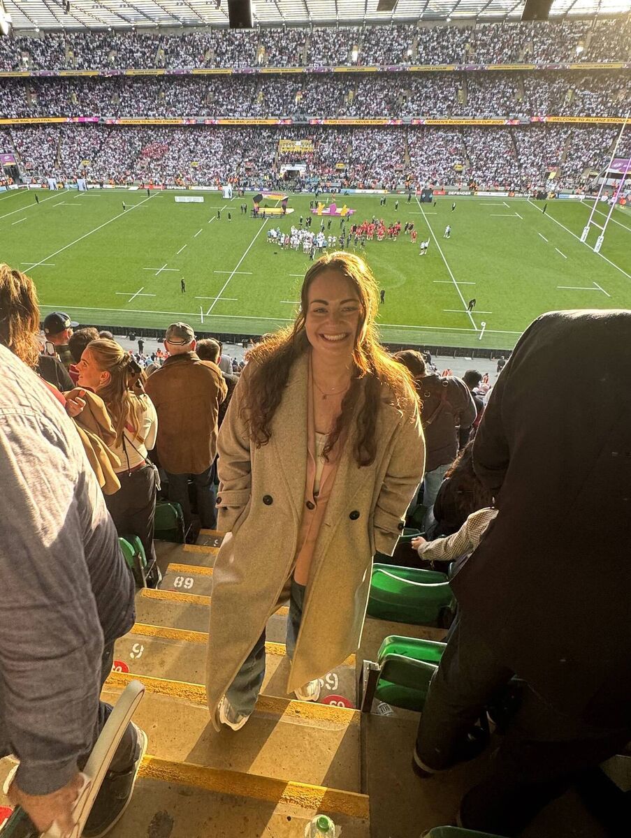 Irish Examiner lifestyle writer Breda Graham attends the Women's Rugby World Cup final in London with Defender. Picture: Breda Graham.
