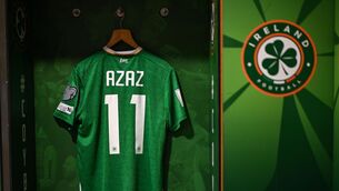 <p>STARTING: The jersey of Finn Azaz hangs in the Republic of Ireland dressing room. Pic: Stephen McCarthy/Sportsfile.</p>