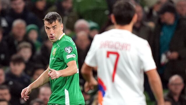 <p>Republic of Ireland's Seamus Coleman addresses Armenia's Zhirayr Shaghoyan following a collision. Pic: Niall Carson/PA Wire.</p>