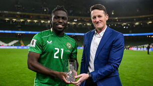 <p>Festy Ebosele of the Republic of Ireland is presented with his player of the match award by Robert Magee of Sky Ireland. Pic: Stephen McCarthy/Sportsfile</p>