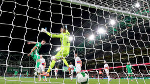 <p>NET GAINS: Evan Ferguson heads home Ireland's winning goal. Pic: Ryan Byrne/Inpho</p>