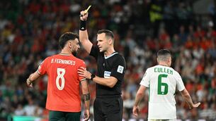 <p>BANNED BRUNO: Portugal's Bruno Fernandes is shown a yellow card. Pic: Zed Jameson/PA Wire.</p>