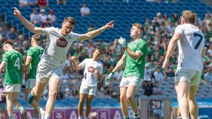 <p>Alex Beirne celebrates his goal against Limerick in the Tailteann Cup Final in Croke Park. Pic: Aisling Hyland</p>