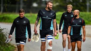 <p>Leinster players from left, Scott Penny , RG Snyman and Jamison Gibson-Park arrive before a Leinster Rugby squad training session at Rosemount in UCD, Dublin. Picture: Sam Barnes/Sportsfile</p>