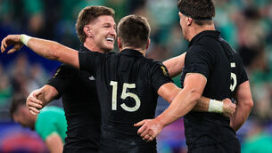 <p>ON TOUR: New Zealand’s Jordie Barrett, Beauden Barrett and Scott Barrett celebrate. Pic: INPHO/Billy Stickland</p>