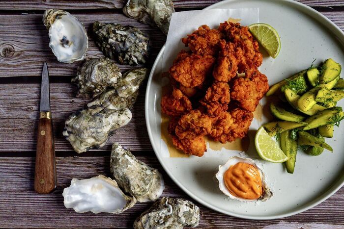 Buttermilk fried oysters with bread and butter pickles