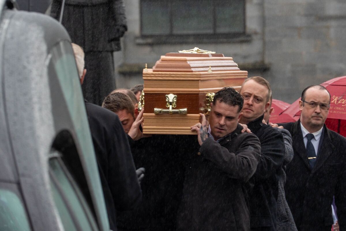 The coffin belonging to Barry Daly being carried into the hearse that awaited him outside the Church of the Nativity of the Blessed Virgin Mary, Doneraile. Picture: Noel Sweeney