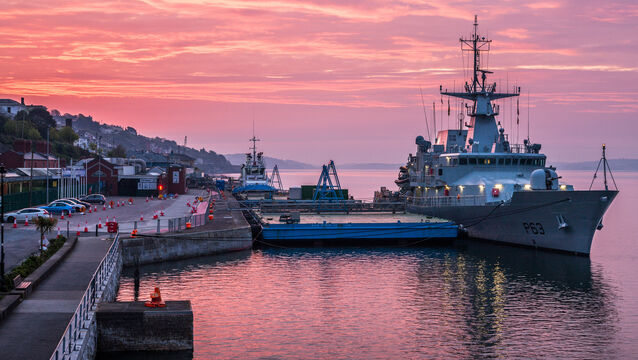 <p>Naval vessel LÉ William Butler Yeats at berth before dawn in Cobh, Co Cork. Picture; David Creedon</p>
