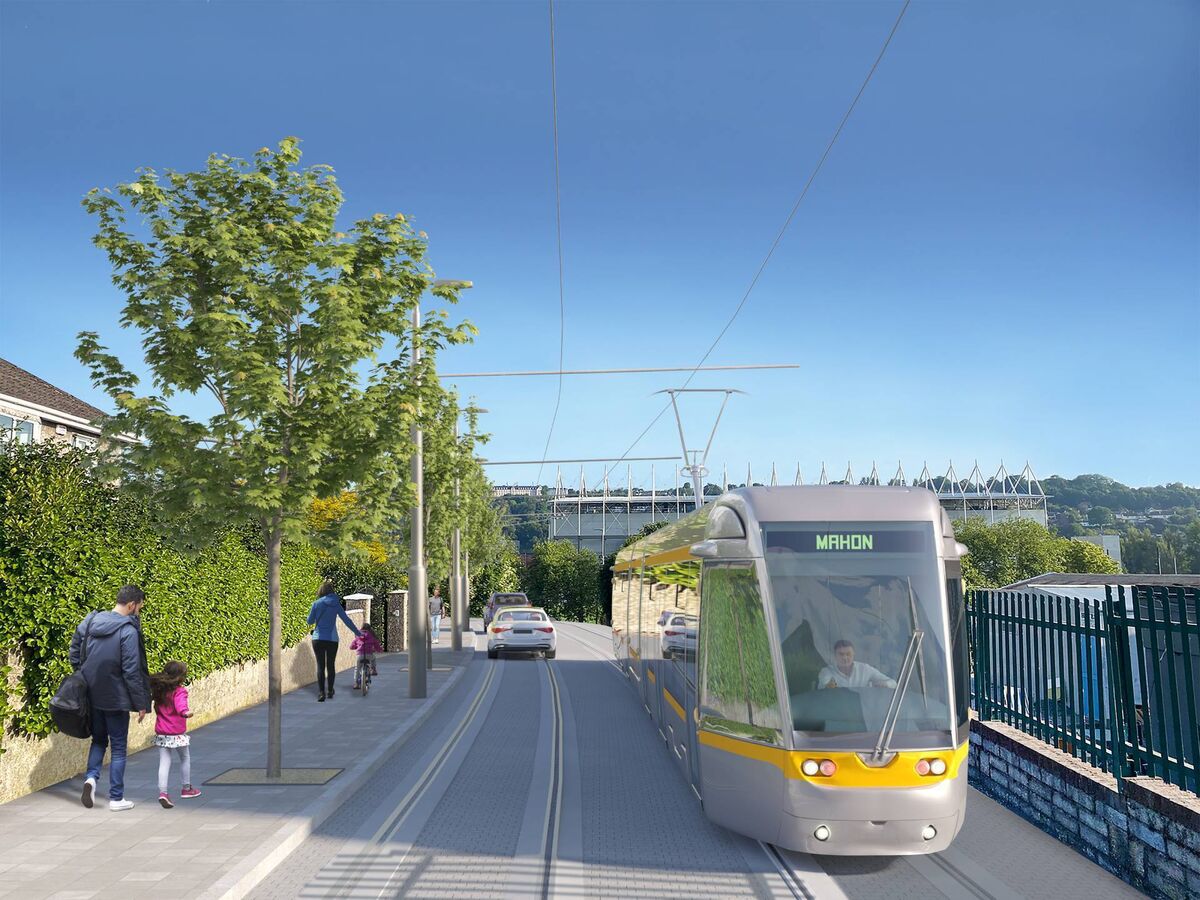 A visualisation of a Cork Luas tram passing Páirc Uí Chaoimh on its way through Ballintemple. One of the concerns raised locally was the possible displacement of traffic to smaller roads such as Crab Lane.. Image: LuasCork.ie 