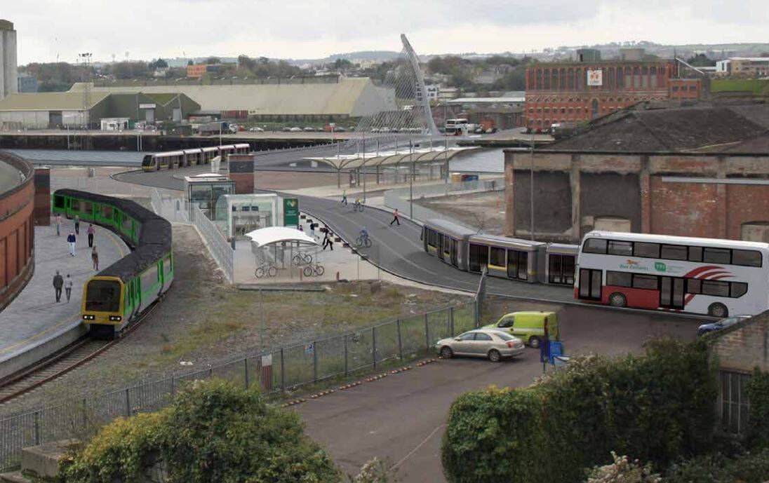 A Cork Metropolitan Area Transport Strategy (CMATS) visualisation of a possible Cork Luas line and bridge between Kent Station and Cork's South Docklands.