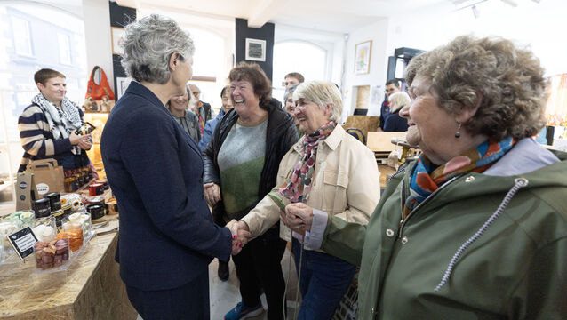 <p>Independent Galway West TD and presidential election candidate Catherine Connolly meeting people in Miltown Malbay, Co Clare, during a canvass on Saturday. Picture: Eamon Ward</p>