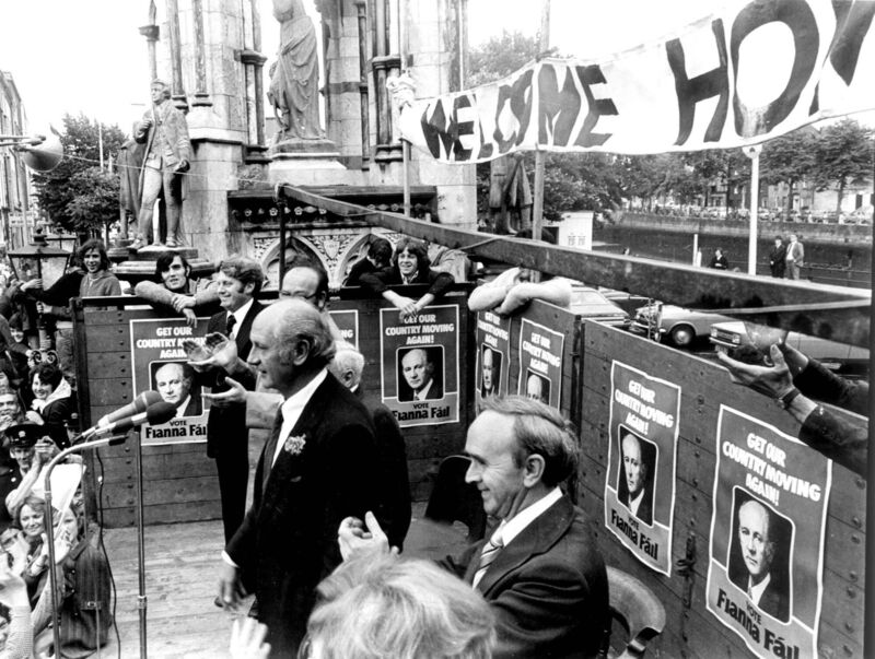 Jack Lynch addressing a victory rally on Cork's Grand Parade after Fianna Fáil's landslide election victory in 1977. 'That was delivered through shocking promises made by Fianna Fáil, which have haunted them and the nation pretty much ever since.' Picture: Irish Examiner Archive 
