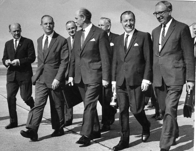 Then taoiseach Jack Lynch with a group including finance minister Charles Haughey, and Department of Finance secretary TK Whitaker at Dublin Airport in 1967 on their way to Italy for negotiations on Ireland's application to join the EEC. Picture: Jack McManus/Irish Times