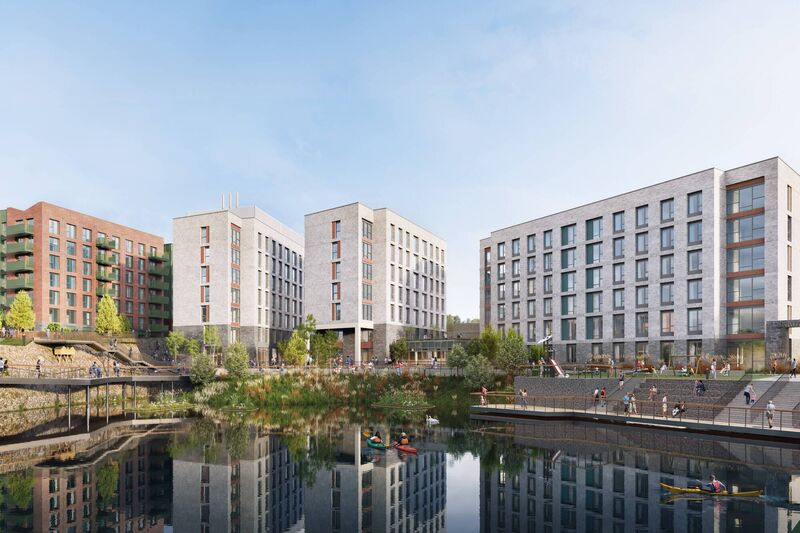 Computer-generated image of the planned redevelopment of the Cleeves Riverside Quarter in Limerick.