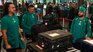 <p>CHECKING IN: James Lowe, Andrew Porter and Jamison Gibson-Park at Dublin Airport 21/10/2025. Pic: INPHO/Morgan Treacy</p>