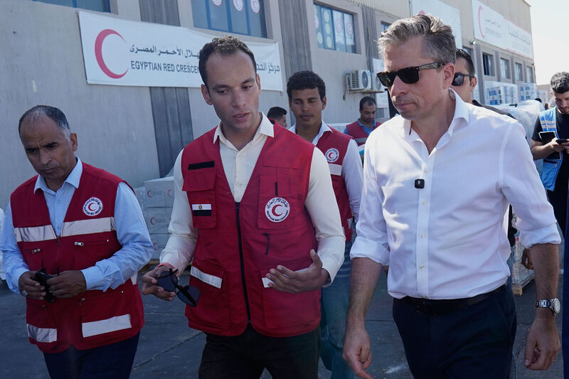 UN humanitarian chief Tom Fletcher visiting a Red Crecent logistic centre at El-Arish in Egypt last week at the beginning of the Israel-Hamas ceasefire. Picture: Mohamed Arafat/AP UN humanitarian chief Tom Fletcher visiting a Red Crecent logistic centre at El-Arish in Egypt last week at the beginning of the Israel-Hamas ceasefire. Picture: Mohamed Arafat/AP