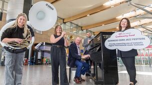 <p>Amy O'Callaghan from Rebel Brass; Inez O'Callaghan, Diageo Ireland;Niall MacCarthy, Cork Airport MD; Fiona Collins, Guinness Jazz Festival chair, and Conal O'Neill, Diageo Ireland at Cork Airport. The airport will welcome 62,000 passengers this weekend. Picture: David Creedon.</p>