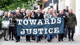 <p>Bloody Sunday families and supporters march to the Crown Court in Belfast for the delivery of the verdict in the trial of Soldier F who is accused of 2 murders and 5 attempted murders in January 1972. </p>