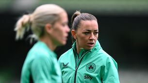 <p>AGELESS WONDERS: Katie McCabe, right, and Denise O’Sullivan during a Republic of Ireland women training session at the Aviva Stadium in Dublin. Photo by Stephen McCarthy/Sportsfile</p>