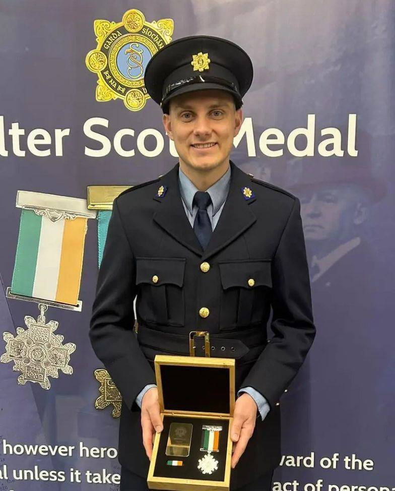 Garda Nigel Murphy from Emo with his silver Scott Medal for bravery. Picture: An Garda Síochána