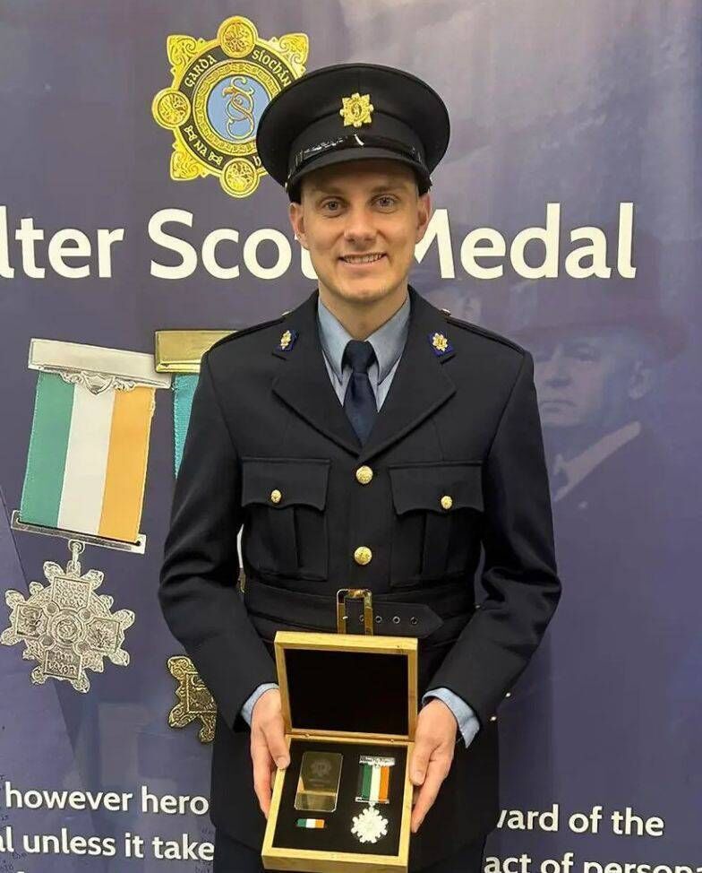 Garda Nigel Murphy from Emo with his silver Scott Medal for bravery. Picture: An Garda Síochána Garda Nigel Murphy from Emo with his silver Scott Medal for bravery. Picture: An Garda Síochána