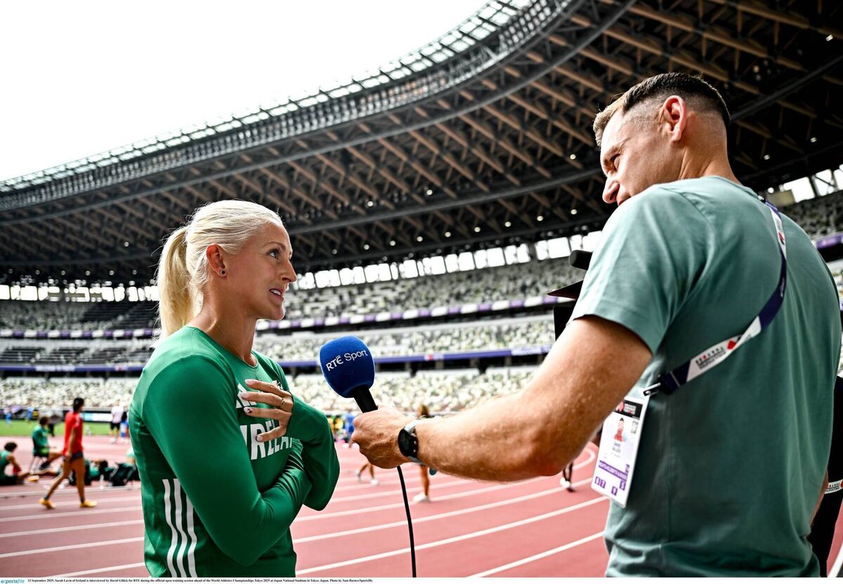 Sarah Lavin is interviewed by David Gillick at the World Athletics Championships Tokyo 2025. Pic: by Sam Barnes/Sportsfile