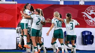 <p>28 October 2025; Abbie Larkin of the Republic of Ireland, left, celebrates with teammates after scoring her side's first goal during the UEFA Women's Nations League A/B promotion/relegation play-off second leg. Pic: Stephen McCarthy/Sportsfile</p>