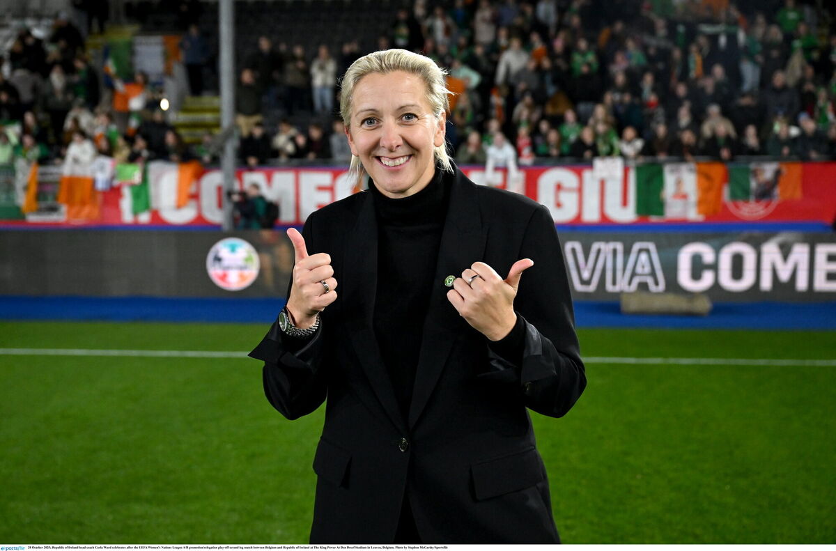 Republic of Ireland head coach Carla Ward celebrates after the UEFA Women's Nations League A/B promotion/relegation play-off. Pic: Stephen McCarthy/Sportsfile