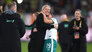 <p>Republic of Ireland head coach Carla Ward and Abbie Larkin of Republic of Ireland celebrate. Pic: Stephen McCarthy/Sportsfile</p>