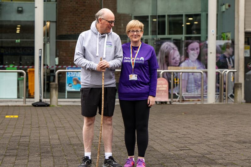 Pamela Deasy with Pancreatic Cancer Ireland co-founder Niall Rochford as he begins his 250km walk from Cork to Cong in memory of his wife Stella.Ā Pamela Deasy with Pancreatic Cancer Ireland co-founder Niall Rochford as he begins his 250km walk from Cork to Cong in memory of his wife Stella.Ā