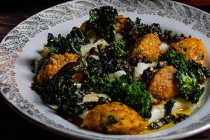 Brill with baked pumpkin and kale and caper salsa