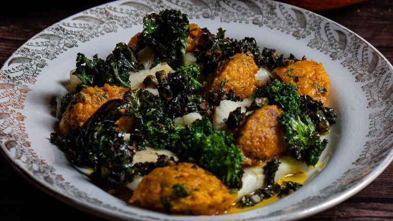 Seafood Made Simple: Brill with baked pumpkin, kale and caper salsa
