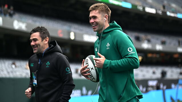 <p>Jack Crowley of Ireland, right, and Ireland Head of Analytics and Innovation Vinny Hammond before the Gallagher Cup match between Ireland and New Zealand at Soldier Field. Pic: Ramsey Cardy/Sportsfile</p>