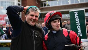 <p>LOCAL SUCCESS: Trainer Seán Allen and jockey Darragh O'Keeffe celebrate after Lonesome Boatman's victory in the Paddy Power Cork Grand National Handicap Chase. 	Picture: Healy Racing</p>