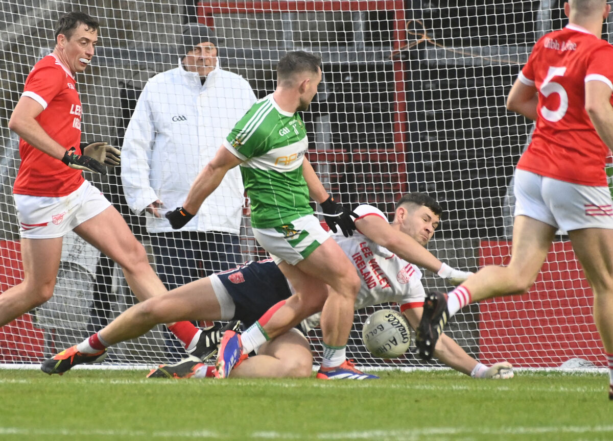 Aghabulogue's John Corkery has his shot saved by Uibh Laoire's Joe Creedon during the McCarthy Insurance Group Premier IFC final at SuperValu Páirc Uí Chaoimh . Picture; Eddie O'Hare