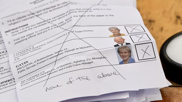 <p>A spoiled vote at the Presidential election found at Mallow GAA complex on the morning of counting. The groups said while discussing spoiling your vote is not a threat to election integrity, images showing explicit forms of hatred on spoiled ballots circulated online. File picture: Larry Cummins</p>