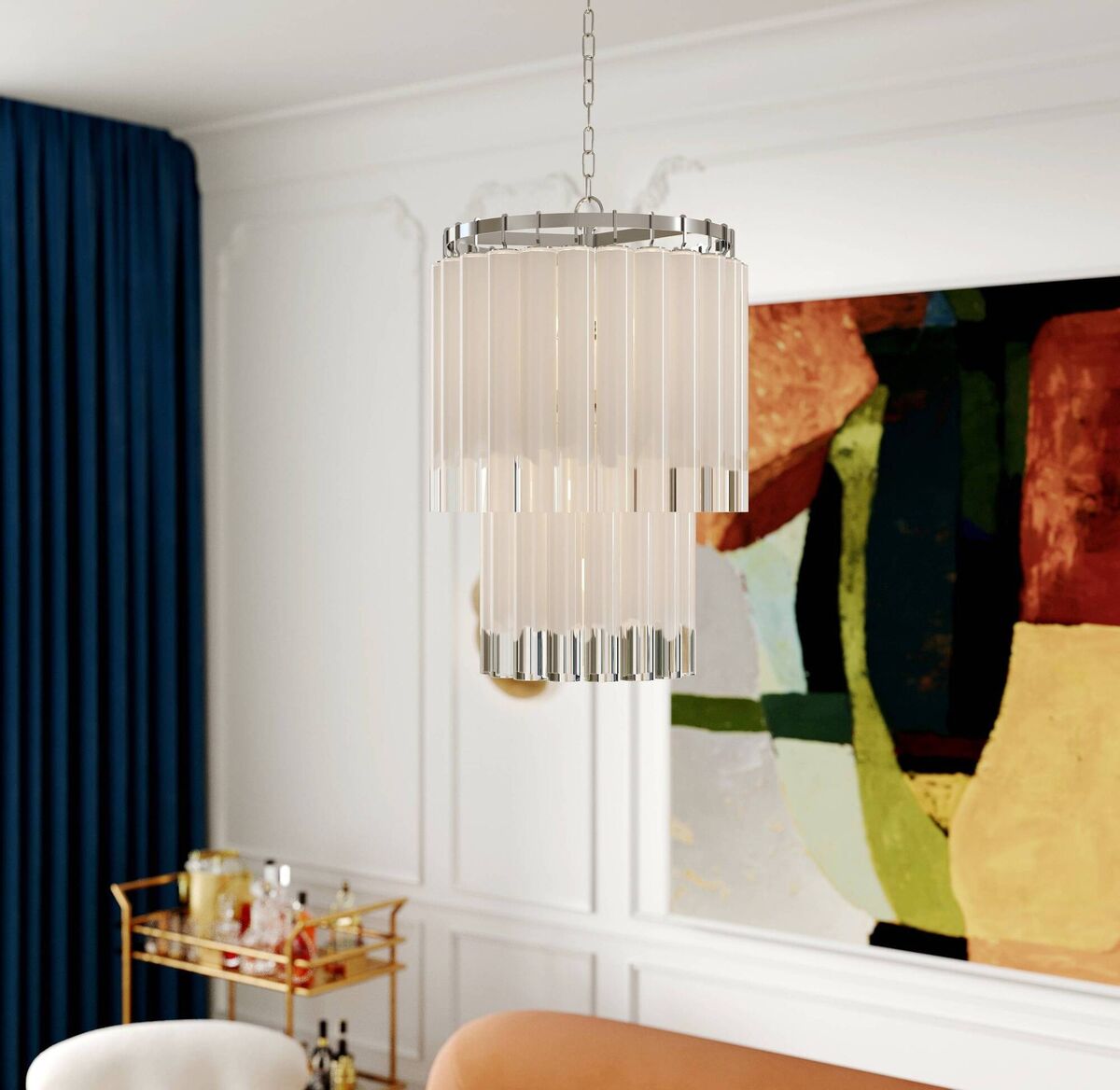Play with the airspace you have. This vertically inclined Tyrell chandelier has frosted opal and clear glass, deliberately crafted to be imperfect, adding a touch of uniqueness and character, €5184, Limelace. For colour, try Rockett St George. 