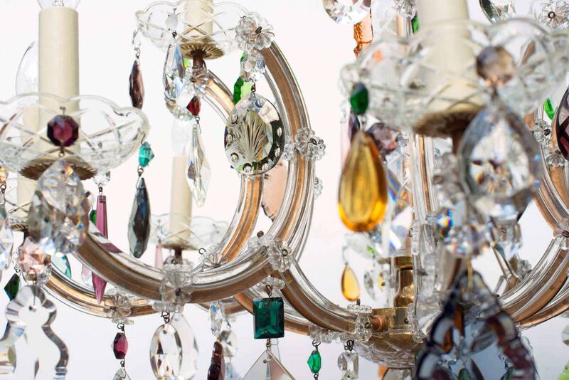 Large, French Marie Therese chandelier, adorned with antique and vintage multicoloured crystal and glass drops, 12 patterned glass bobeche, crystal beads and coloured glass flowers, €3,400, Antiques Boutique. Large, French Marie Therese chandelier, adorned with antique and vintage multicoloured crystal and glass drops, 12 patterned glass bobeche, crystal beads and coloured glass flowers, €3,400, Antiques Boutique.